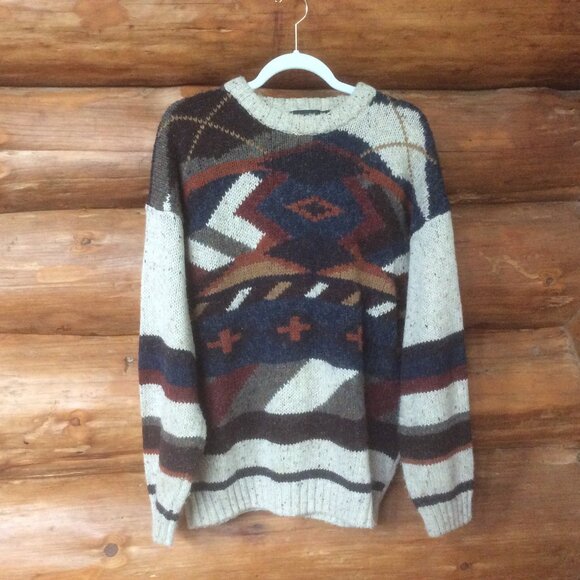 ETCHINGS Vintage Southwestern Aztec Wool Blend 90s Retro Sweater Size Large - Picture 1 of 5